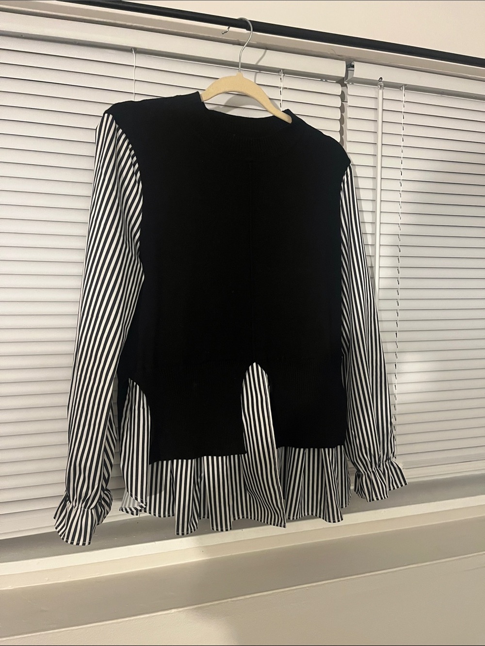 Black Layered Knit Vest Blouse with Black & White Stripes